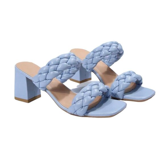 Braided Open Toe Mule Chunky Block Heeled Sandal Light Blue Women’s US 8 - Picture 1 of 6